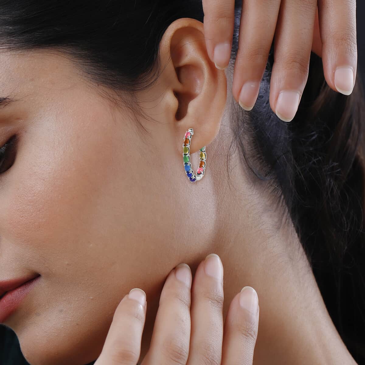 Multi Welo Opal Hoop Earrings in Platinum Over Sterling Silver 3.60 ctw image number 2