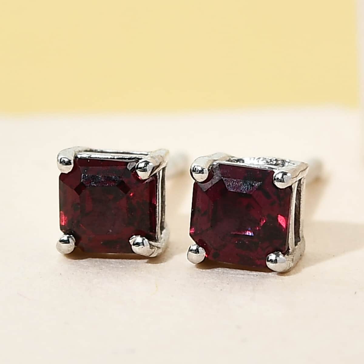 Asscher Cut Anthill Garnet Solitaire Stud Earrings in Platinum Over Sterling Silver 0.75 ctw image number 1
