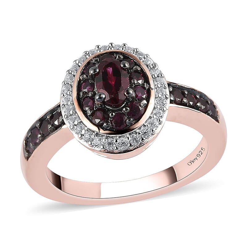 Anthill Garnet and Natural White Zircon Double Halo Ring in Vermeil Rose Gold Over Sterling Silver (Size 10.0) 0.85 ctw