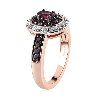 Anthill Garnet and Natural White Zircon Double Halo Ring in Vermeil Rose Gold Over Sterling Silver (Size 10.0) 0.85 ctw