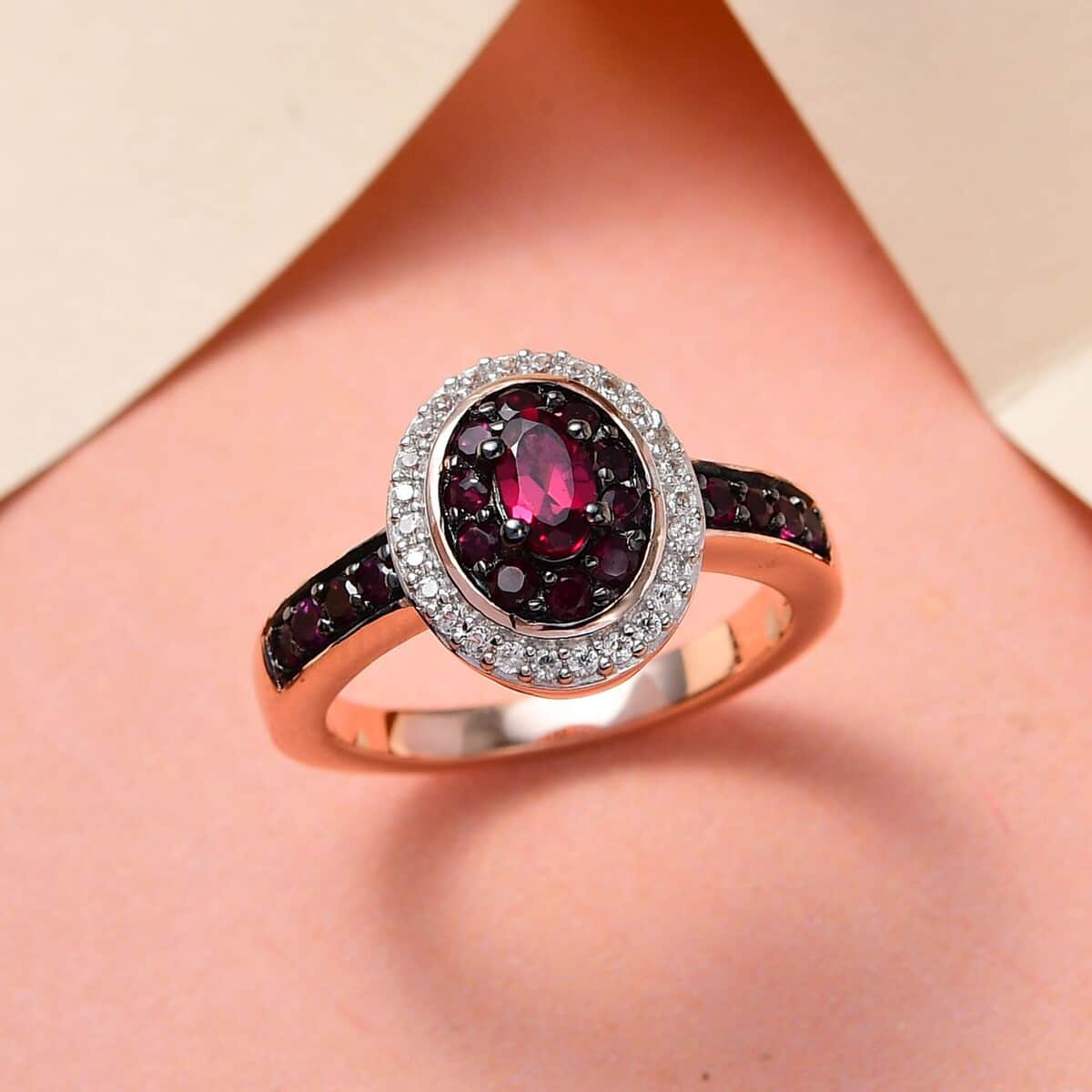 American Arizona Anthill Garnet and Natural White Zircon Double Halo Ring in Vermeil Rose Gold Over Sterling Silver (Size 6.0) 0.85 ctw image number 1