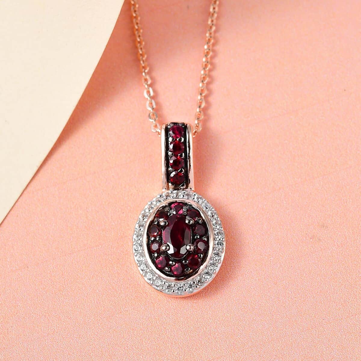 Anthill Garnet and White Zircon Double Halo Pendant Necklace 20 Inches in Vermeil Rose Gold Over Sterling Silver 0.75 ctw image number 1