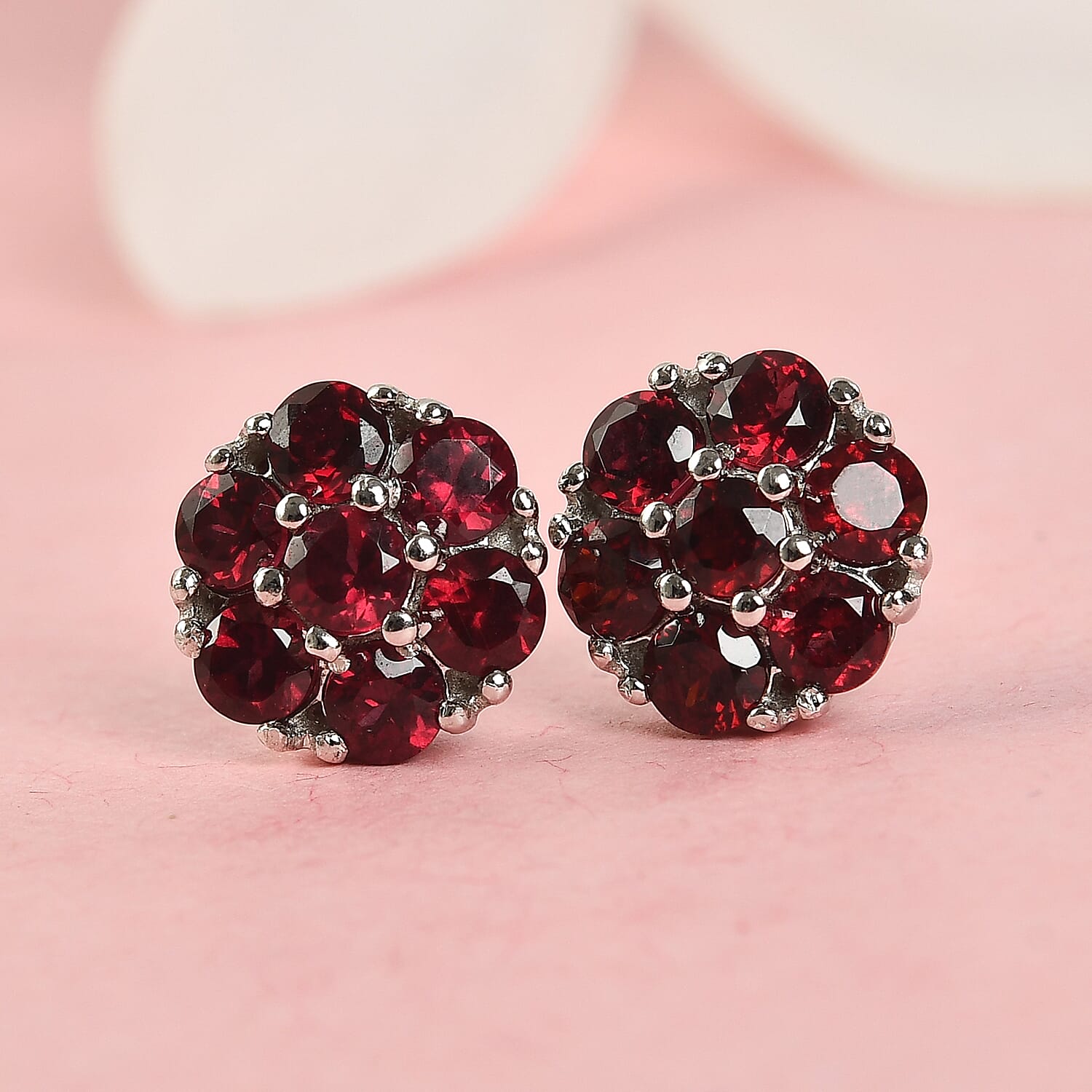 Anthill Garnet Flower Stud Earrings in Platinum Over Sterling Silver 2.00 ctw
