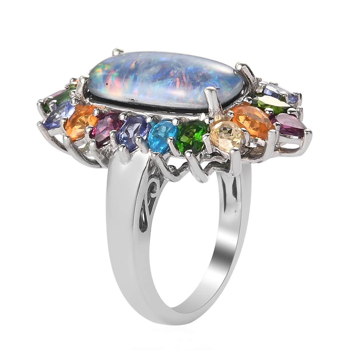 Australian Boulder Opal Triplet and Multi Gemstone Elongated Ring in Platinum Over Sterling Silver (Size 7.0) 7.60 ctw image number 3