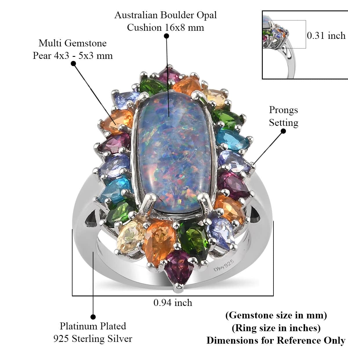 Australian Boulder Opal Triplet and Multi Gemstone Elongated Ring in Platinum Over Sterling Silver (Size 7.0) 7.60 ctw image number 5