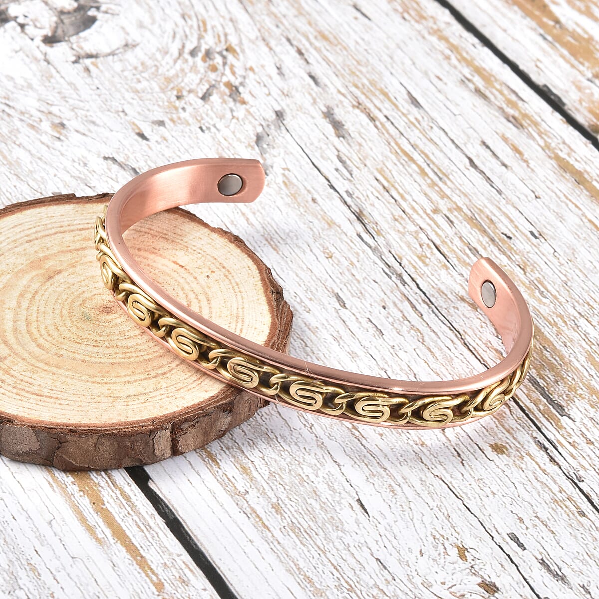Magnetic By Design Byzantine Chain Pattern Adjustable Cuff Bracelet in Rosetone (6.50 In) image number 1