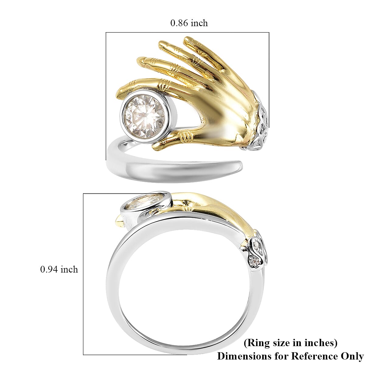 Moissanite VS-EF Bypass Ring with Hand Curved in Vermeil Yellow Gold Over and Sterling Silver (Size 10.0) 7 Grams 0.80 ctw