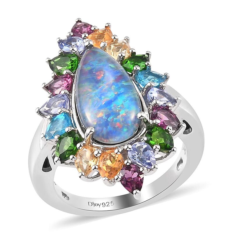 Boulder Opal Triplet and Multi Gemstone Elongated Ring in Platinum Over Sterling Silver (Size 11.0) 6.20 ctw