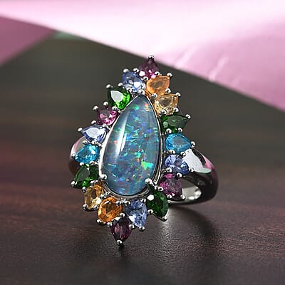 Boulder Opal Triplet and Multi Gemstone Elongated Ring in Platinum Over Sterling Silver (Size 11.0) 6.20 ctw
