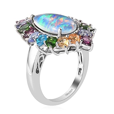 Boulder Opal Triplet and Multi Gemstone Elongated Ring in Platinum Over Sterling Silver (Size 11.0) 6.20 ctw