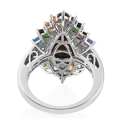 Boulder Opal Triplet and Multi Gemstone Elongated Ring in Platinum Over Sterling Silver (Size 11.0) 6.20 ctw