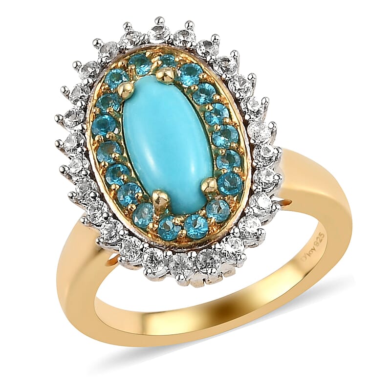 Sleeping Beauty Turquoise and Multi Gemstone Double Halo Ring in Vermeil YG Over Sterling Silver (Size 7.0) 1.75 ctw