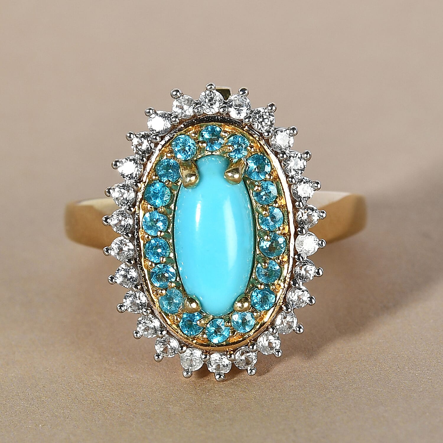 Sleeping Beauty Turquoise and Multi Gemstone Double Halo Ring in Vermeil YG Over Sterling Silver (Size 7.0) 1.75 ctw