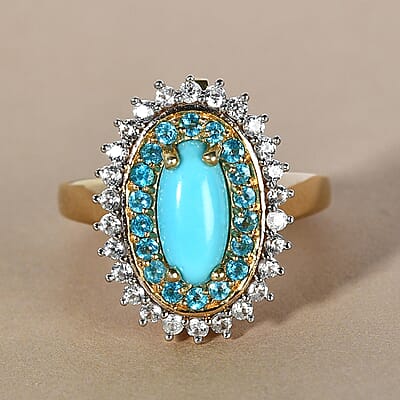 Sleeping Beauty Turquoise and Multi Gemstone Double Halo Ring in Vermeil YG Over Sterling Silver (Size 7.0) 1.75 ctw