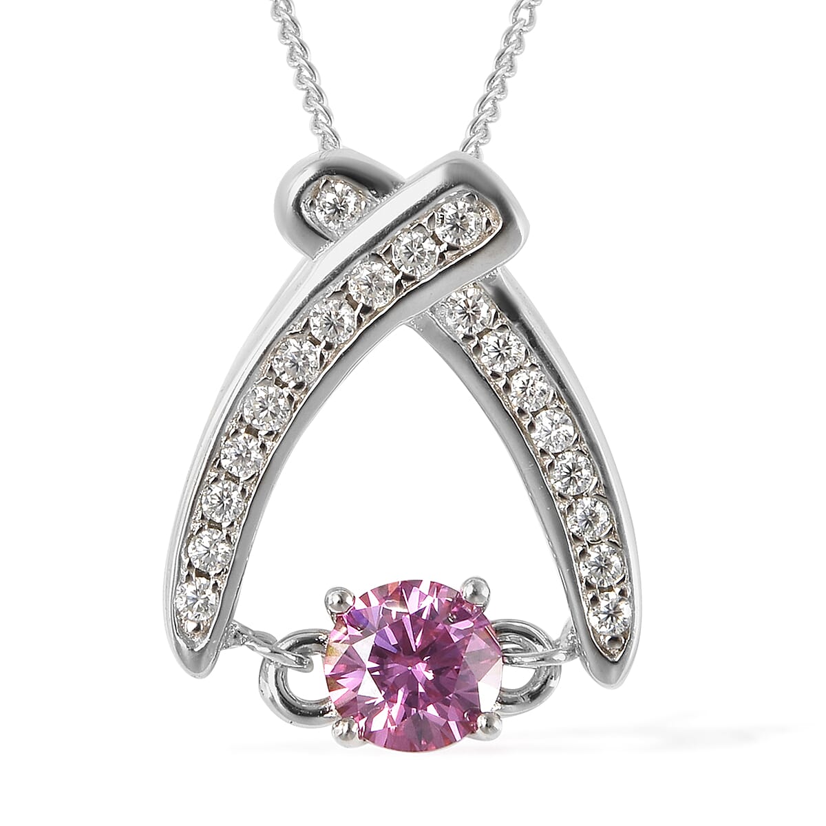Pink Moissanite and Moissanite Sword Inspired Pendant Necklace 18 Inches in Rhodium Over Sterling Silver 0.60 ctw