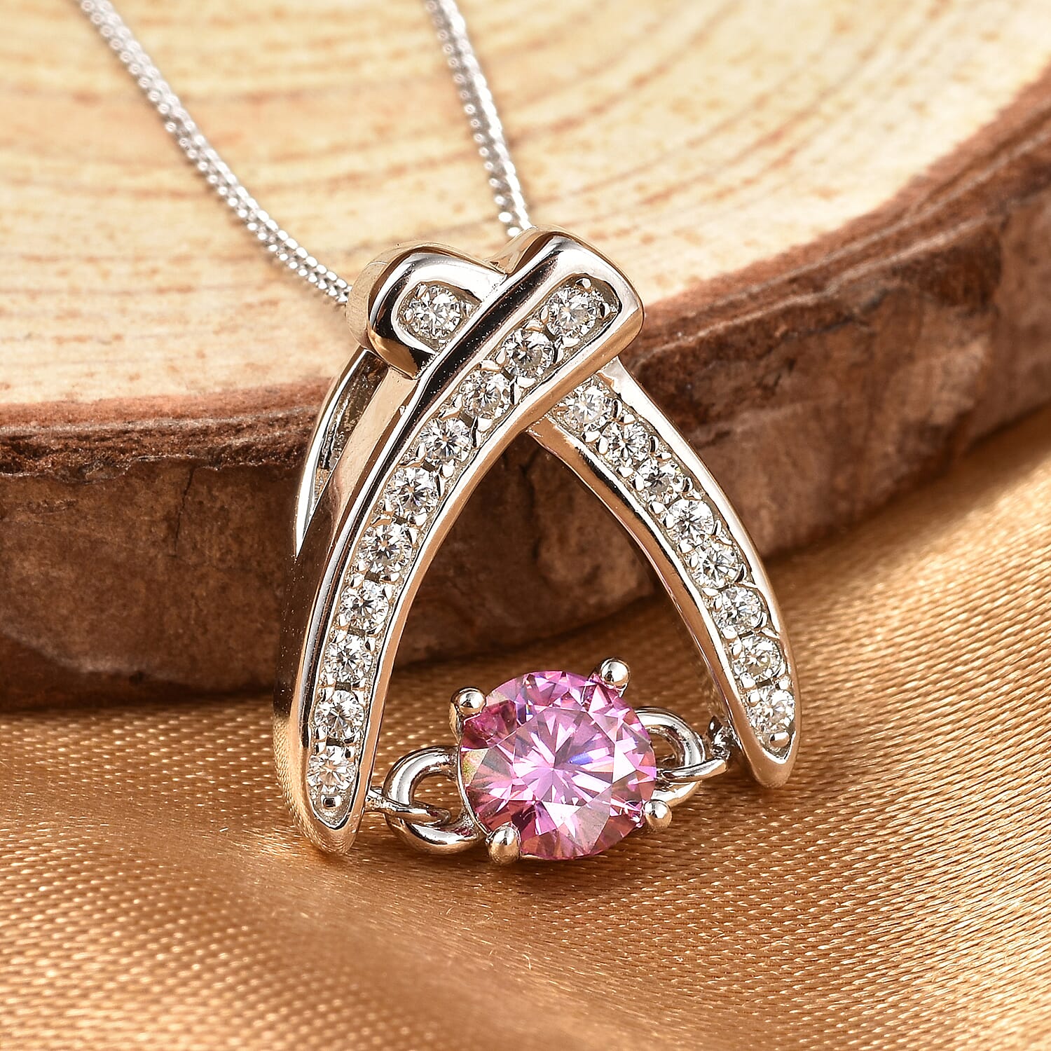Pink Moissanite and Moissanite Sword Inspired Pendant Necklace 18 Inches in Rhodium Over Sterling Silver 0.60 ctw