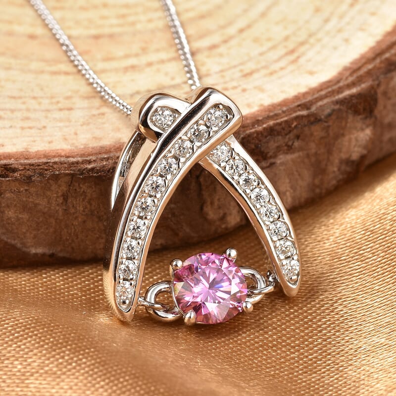 Pink Moissanite and Moissanite Sword Inspired Pendant Necklace 18 Inches in Rhodium Over Sterling Silver 0.60 ctw