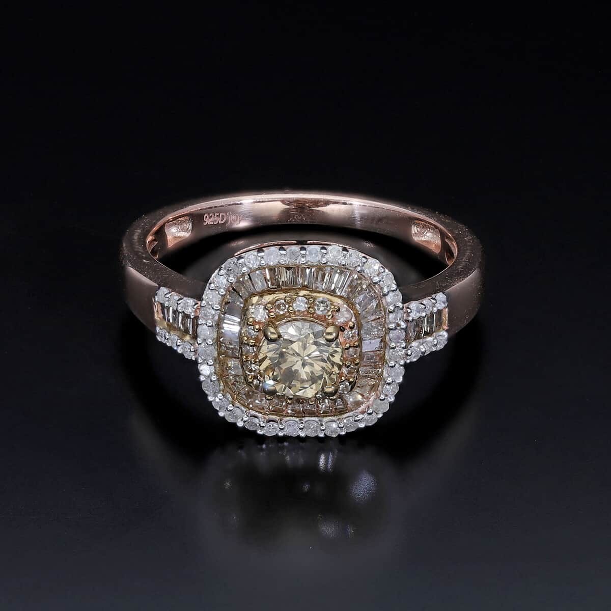 Natural Champagne and White Diamond Cluster Ring in Rhodium and Vermeil Rose Gold Over Sterling Silver (Size 10.0) 1.00 ctw image number 1