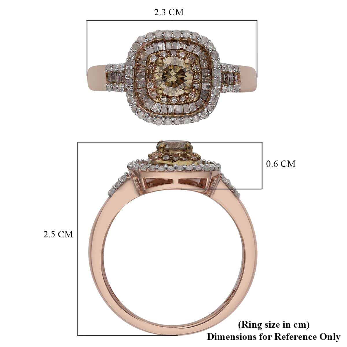 Natural Champagne and White Diamond Cluster Ring in Rhodium & Vermeil Rose Gold Over Sterling Silver (Size 7.0) 1.00 ctw image number 5