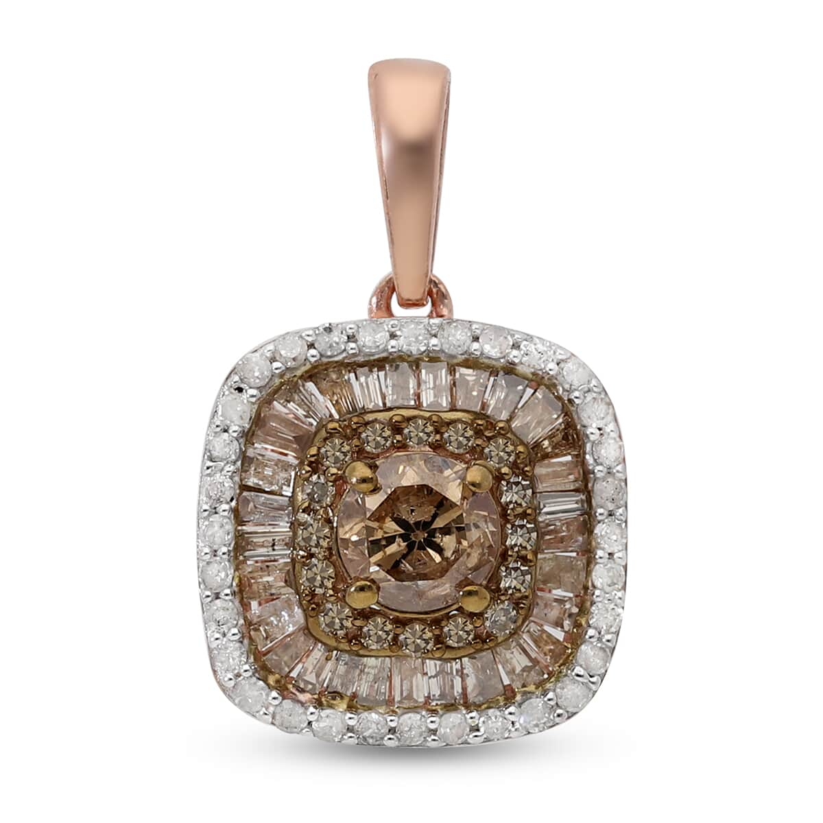 Natural Champagne and White Diamond Cluster Pendant in Rhodium & Vermeil Rose Gold Over Sterling Silver 1.10 ctw image number 0