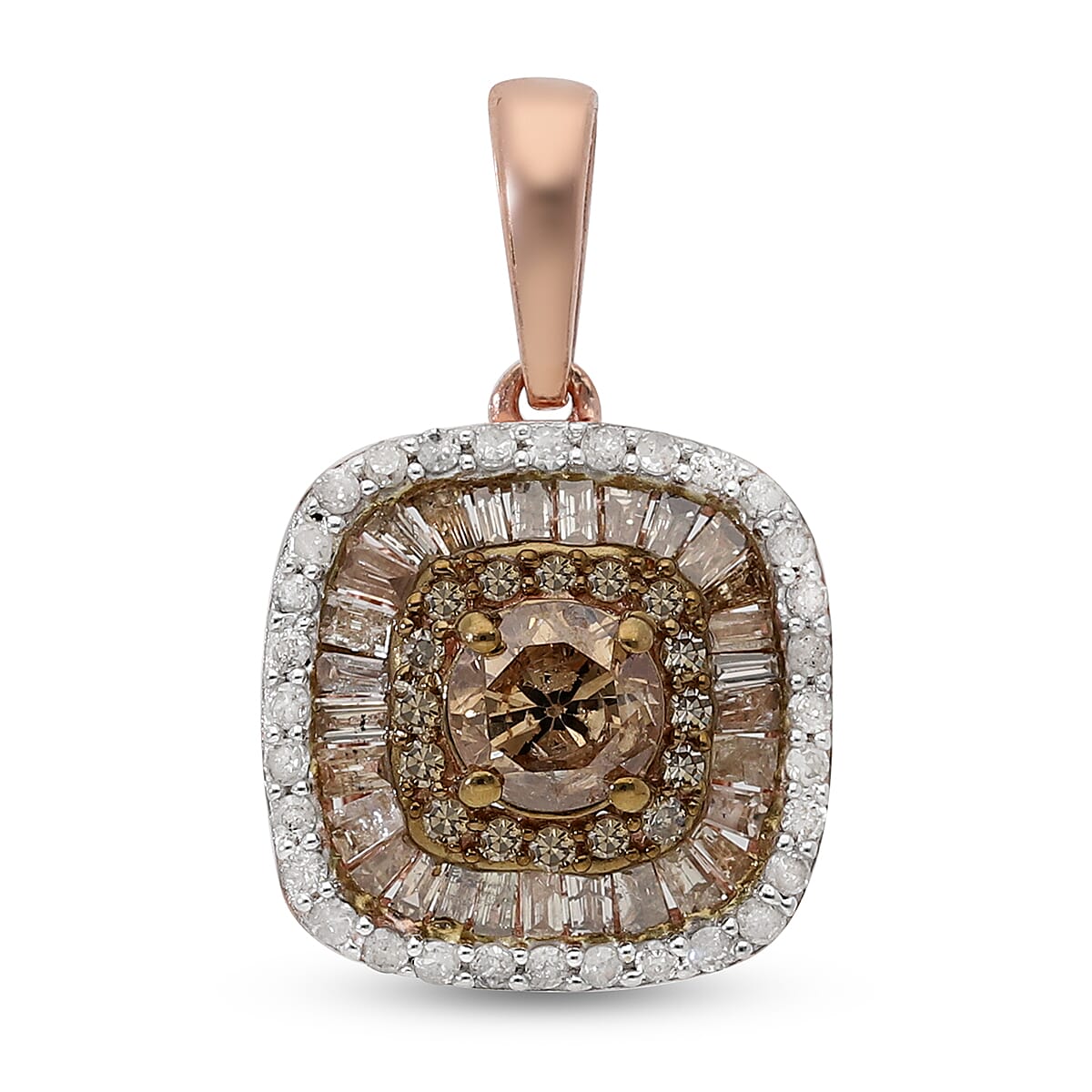 Natural Champagne and White Diamond Cluster Pendant in Rhodium & Vermeil Rose Gold Over Sterling Silver 1.10 ctw image number 0