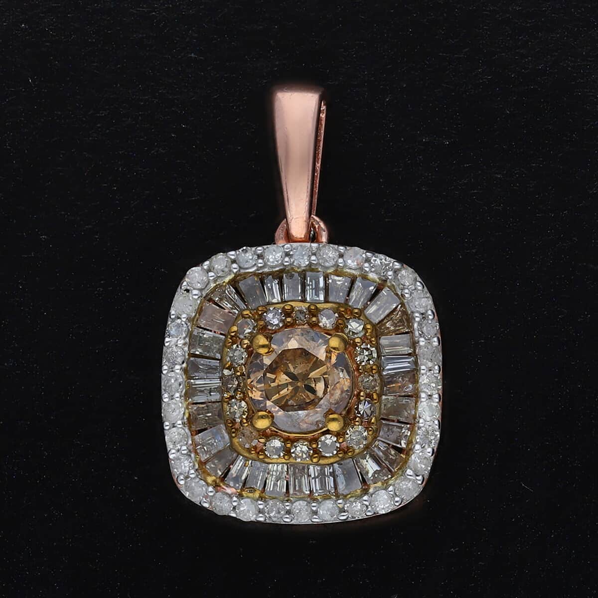Natural Champagne and White Diamond Cluster Pendant in Rhodium & Vermeil Rose Gold Over Sterling Silver 1.10 ctw image number 2