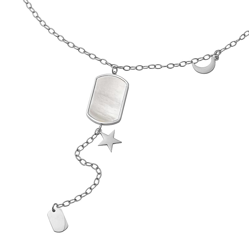White Mother Of Pearl Lariat Necklace 20 Inches with Crescent Moon and Star Charms in Stainless Steel