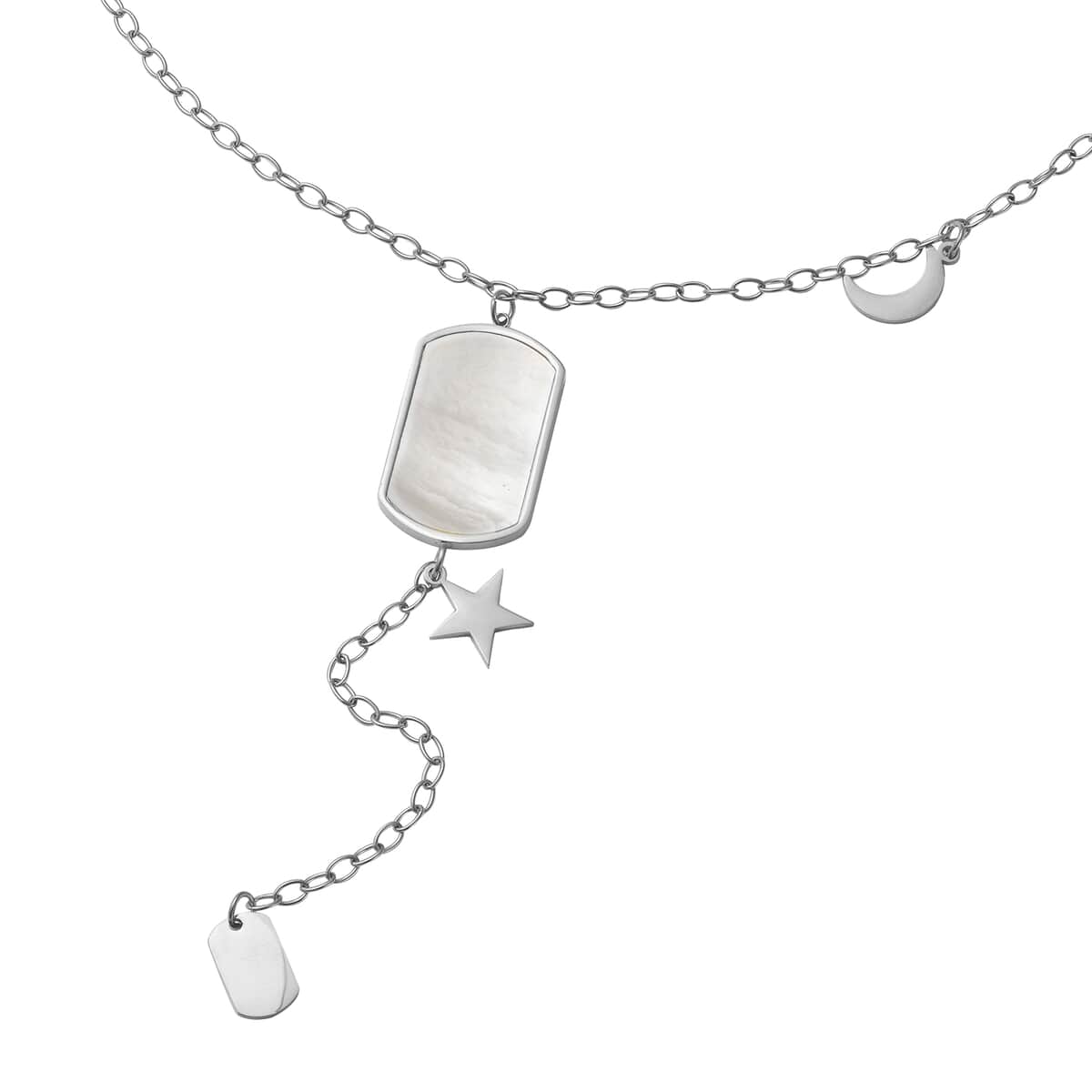 White Mother Of Pearl Lariat Necklace 20 Inches with Crescent Moon and Star Charms in Stainless Steel image number 0