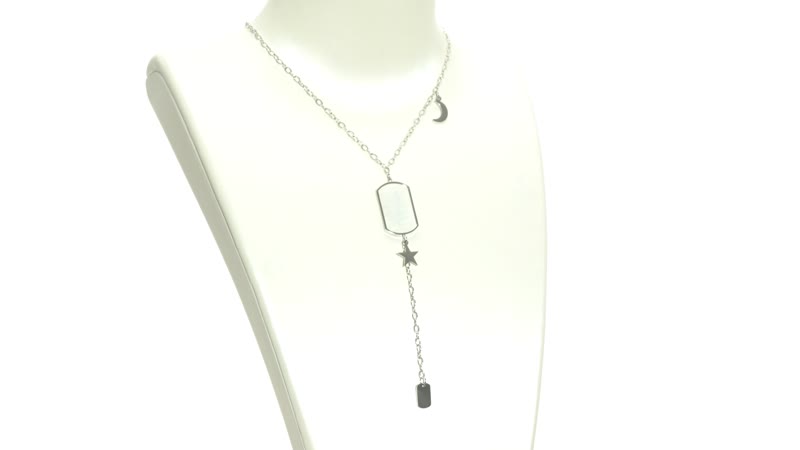 White Mother Of Pearl Lariat Necklace 20 Inches with Crescent Moon and Star Charms in Stainless Steel