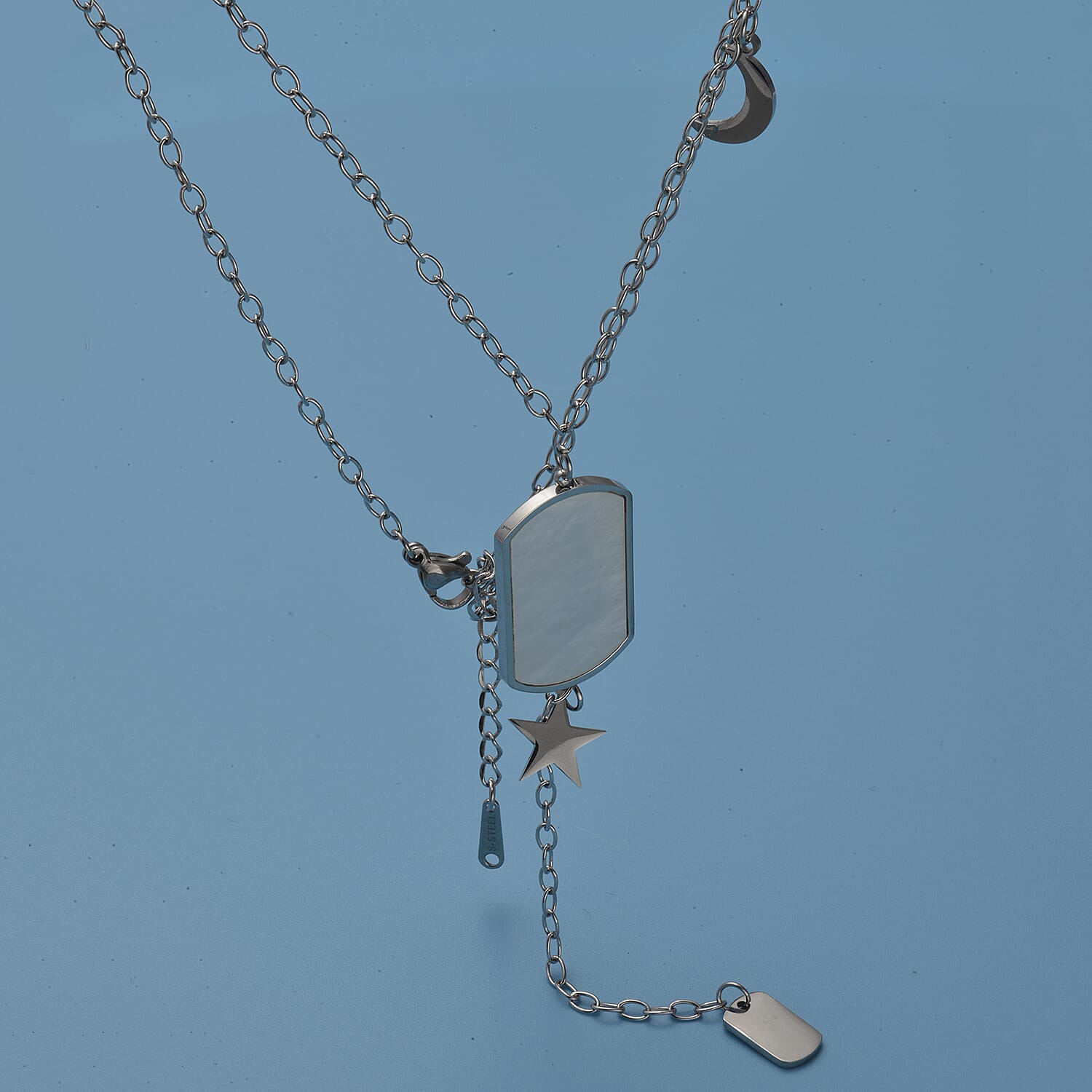 White Mother Of Pearl Lariat Necklace 20 Inches with Crescent Moon and Star Charms in Stainless Steel