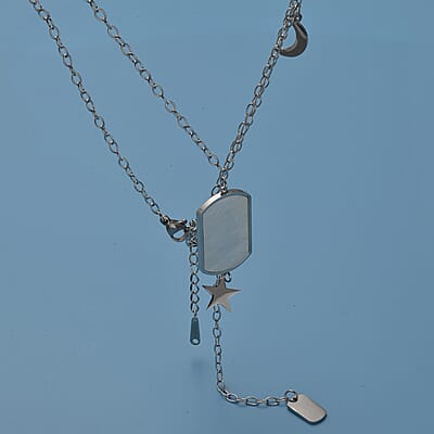 White Mother Of Pearl Lariat Necklace 20 Inches with Crescent Moon and Star Charms in Stainless Steel