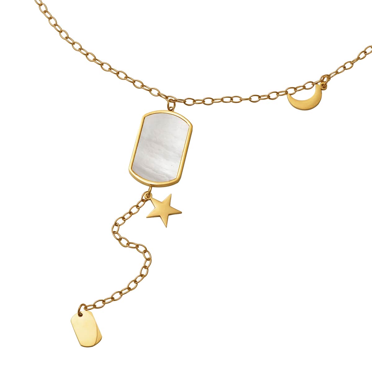 White Mother Of Pearl Lariat Necklace 20 Inches with Crescent Moon and Star Charms in ION Plated Yellow Gold Stainless Steel image number 0
