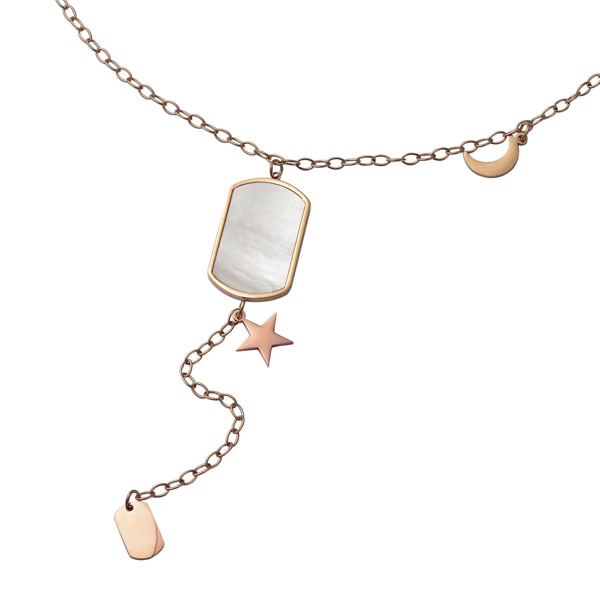 White Mother Of Pearl Lariat Necklace 20 Inches with Crescent Moon and Star Charms in ION Plated Rose Gold Stainless Steel image number 0