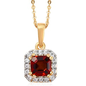 Brazilian Cherry Citrine and Zircon Halo Pendant Necklace 20 Inches in Vermeil Yellow Gold Over Sterling Silver 1.25 ctw