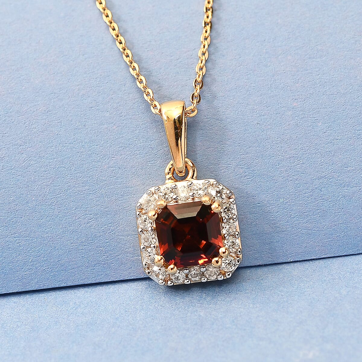 Brazilian Cherry Citrine and Zircon Halo Pendant Necklace 20 Inches in Vermeil Yellow Gold Over Sterling Silver 1.25 ctw image number 1