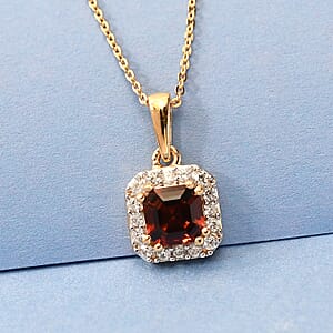 Brazilian Cherry Citrine and Zircon Halo Pendant Necklace 20 Inches in Vermeil Yellow Gold Over Sterling Silver 1.25 ctw