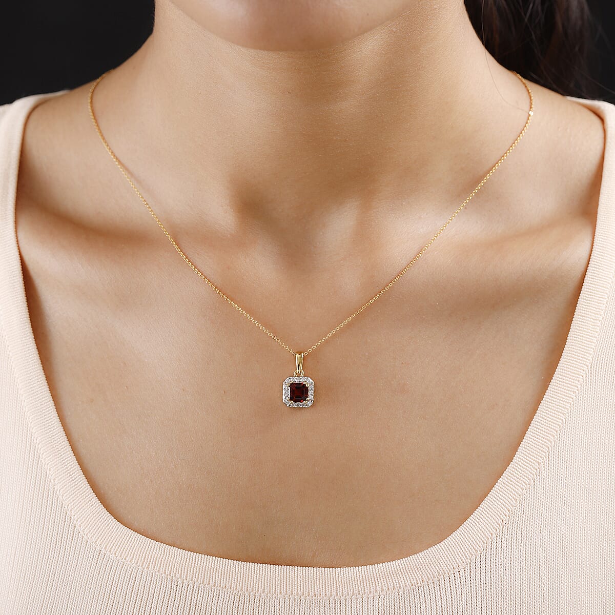 Brazilian Cherry Citrine and Zircon Halo Pendant Necklace 20 Inches in Vermeil Yellow Gold Over Sterling Silver 1.25 ctw image number 2