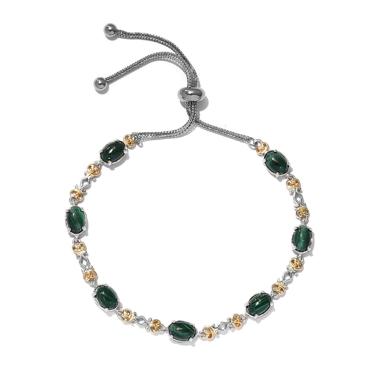Karis African Malachite Station Bolo Bracelet in Yellow Rhodium, Platinum Bond and Stainless Steel 9.90 ctw image number 0