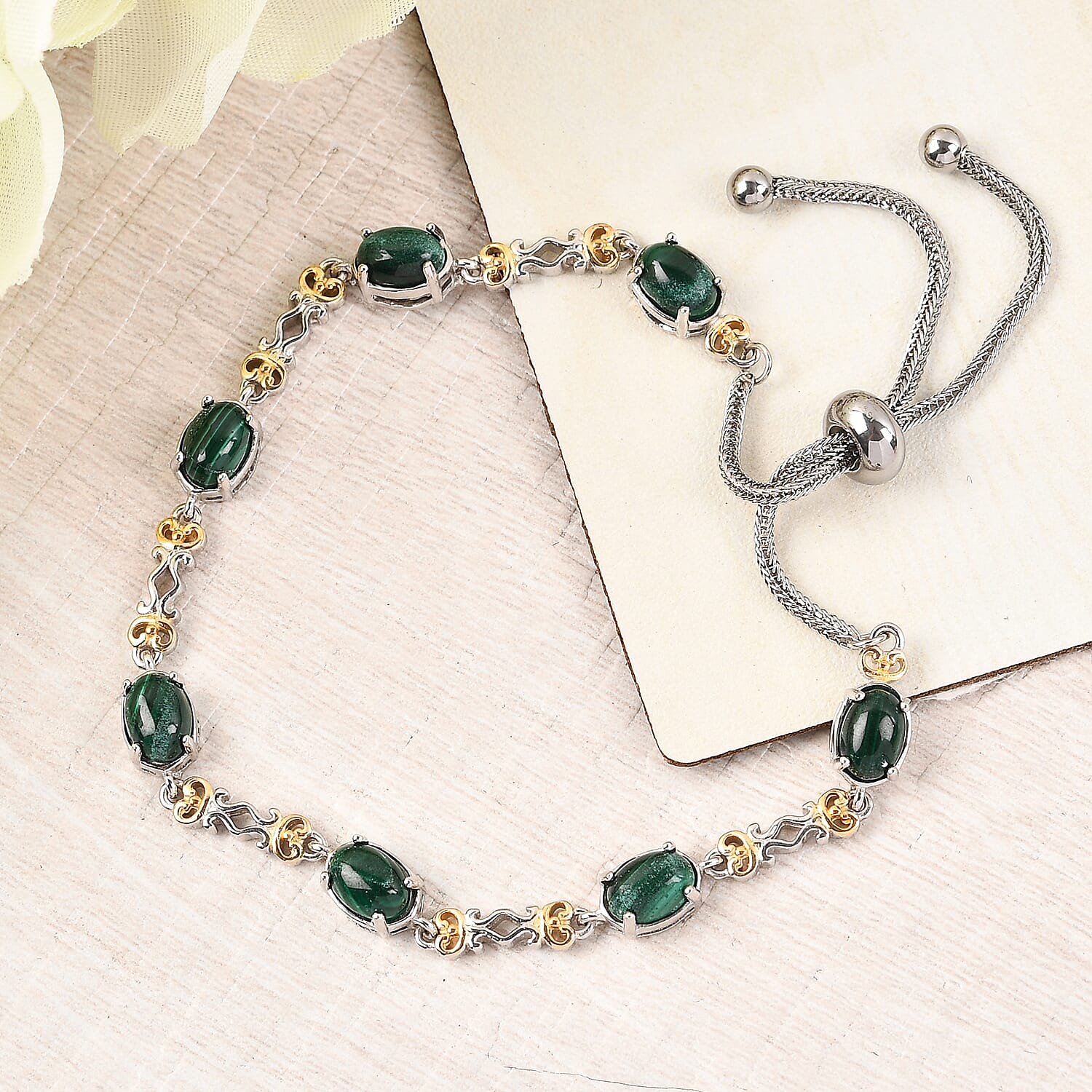 Karis African Malachite Station Bolo Bracelet in Yellow Rhodium, Platinum Bond and Stainless Steel 9.90 ctw
