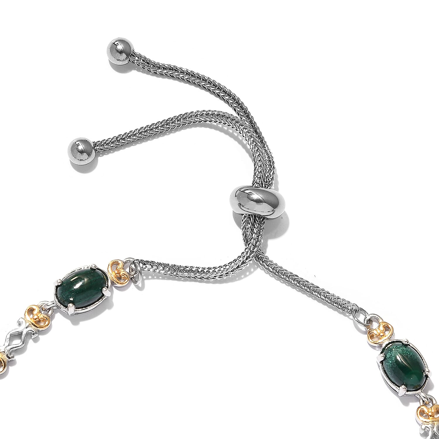 Karis African Malachite Station Bolo Bracelet in Yellow Rhodium, Platinum Bond and Stainless Steel 9.90 ctw