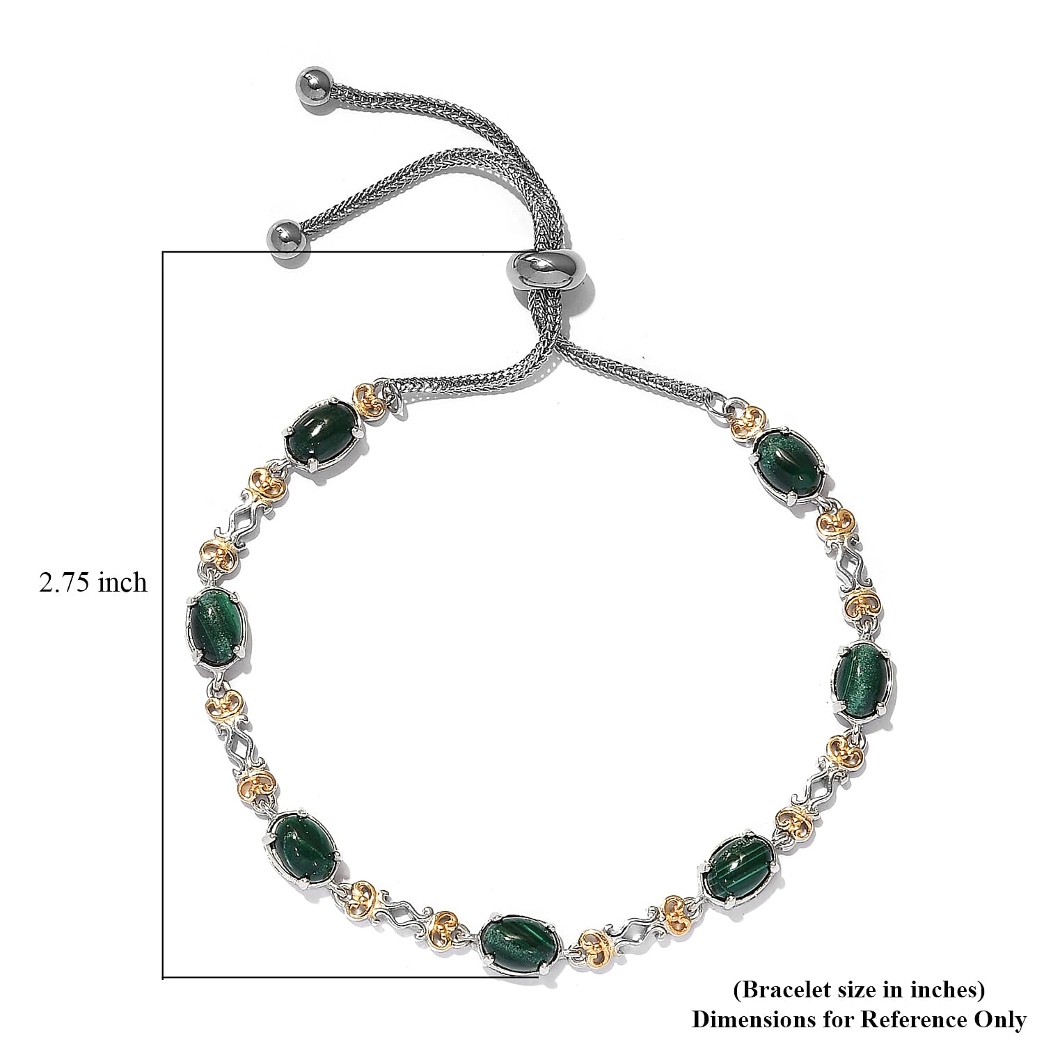 Karis African Malachite Station Bolo Bracelet in Yellow Rhodium, Platinum Bond and Stainless Steel 9.90 ctw