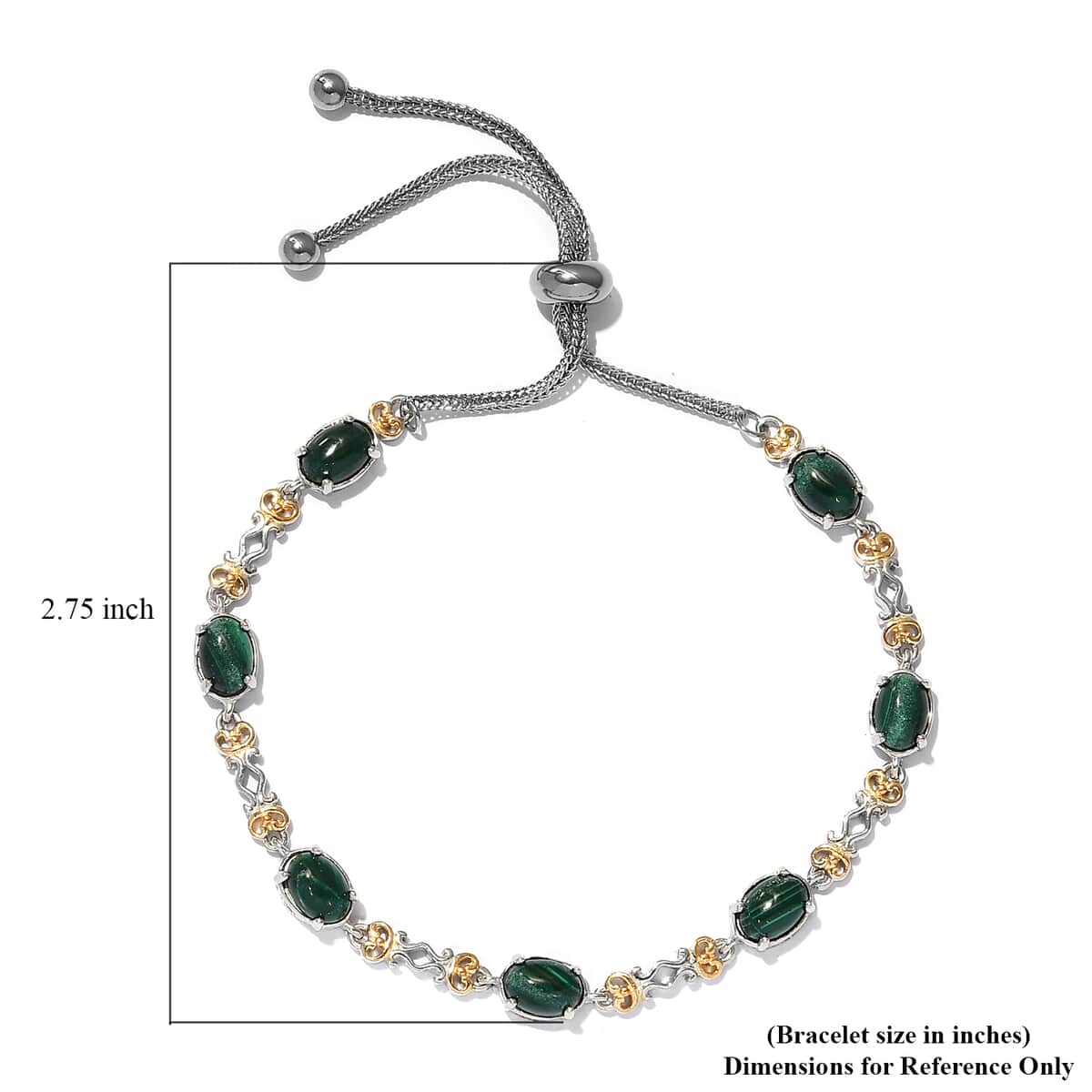 Karis African Malachite Station Bolo Bracelet in Yellow Rhodium, Platinum Bond and Stainless Steel 9.90 ctw image number 4