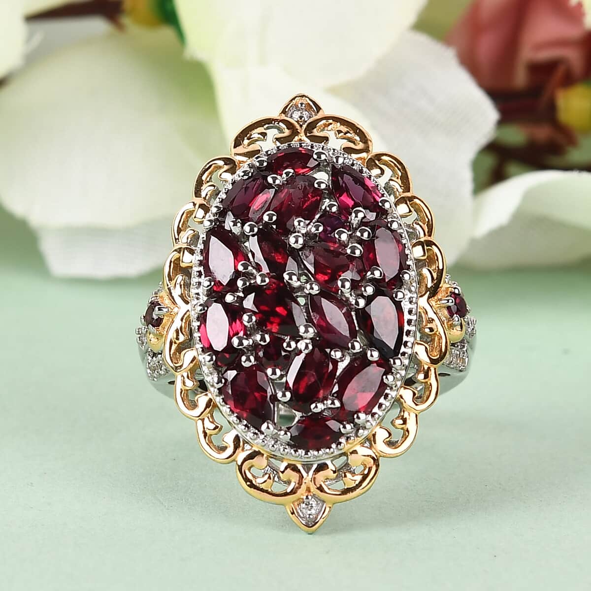 American Arizona Anthill Garnet and Zircon Cluster Ring in Vermeil Yellow Gold and Platinum Over Sterling Silver (Size 7.0) 7.60 Grams 4.25 ctw image number 1