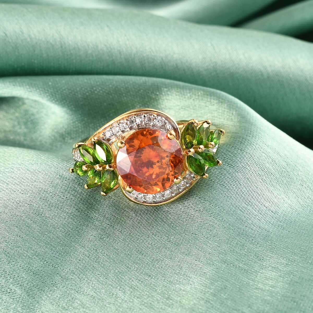 Picos Altos Orange Sphalerite and Multi Gemstone Floral Ring in Vermeil Yellow Gold Over Sterling Silver (Size 7.0) 4.65 ctw image number 1