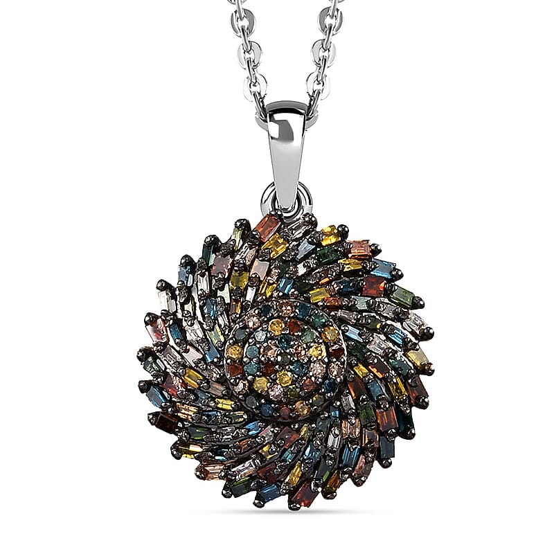 Multi Diamond Cocktail Pendant Necklace 20 Inches in Rhodium and Platinum Over Sterling Silver 1.10 ctw