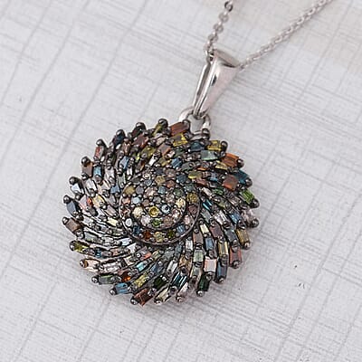 Multi Diamond Cocktail Pendant Necklace 20 Inches in Rhodium and Platinum Over Sterling Silver 1.10 ctw
