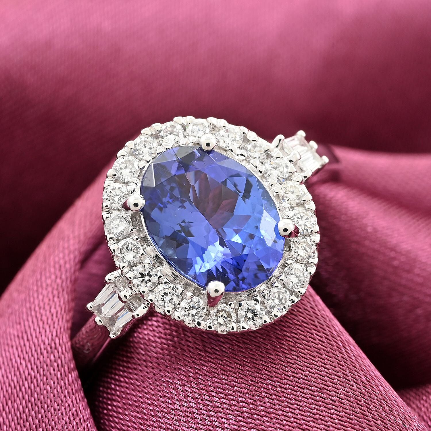 One Of A Kind Certified & Appraised Rhapsody 950 Platinum AAAA Tanzanite and E-F VS Diamond Halo Ring (Size 7.5) 5 Grams 2.35 ctw