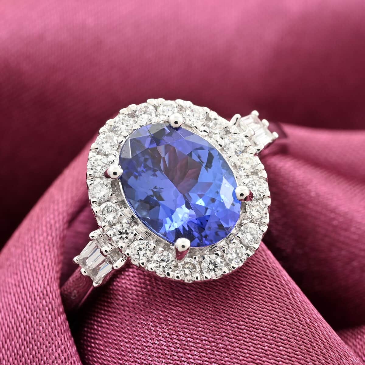 One Of A Kind Certified & Appraised Rhapsody 950 Platinum AAAA Tanzanite and E-F VS Diamond Halo Ring (Size 7.5) 5 Grams 2.35 ctw image number 1