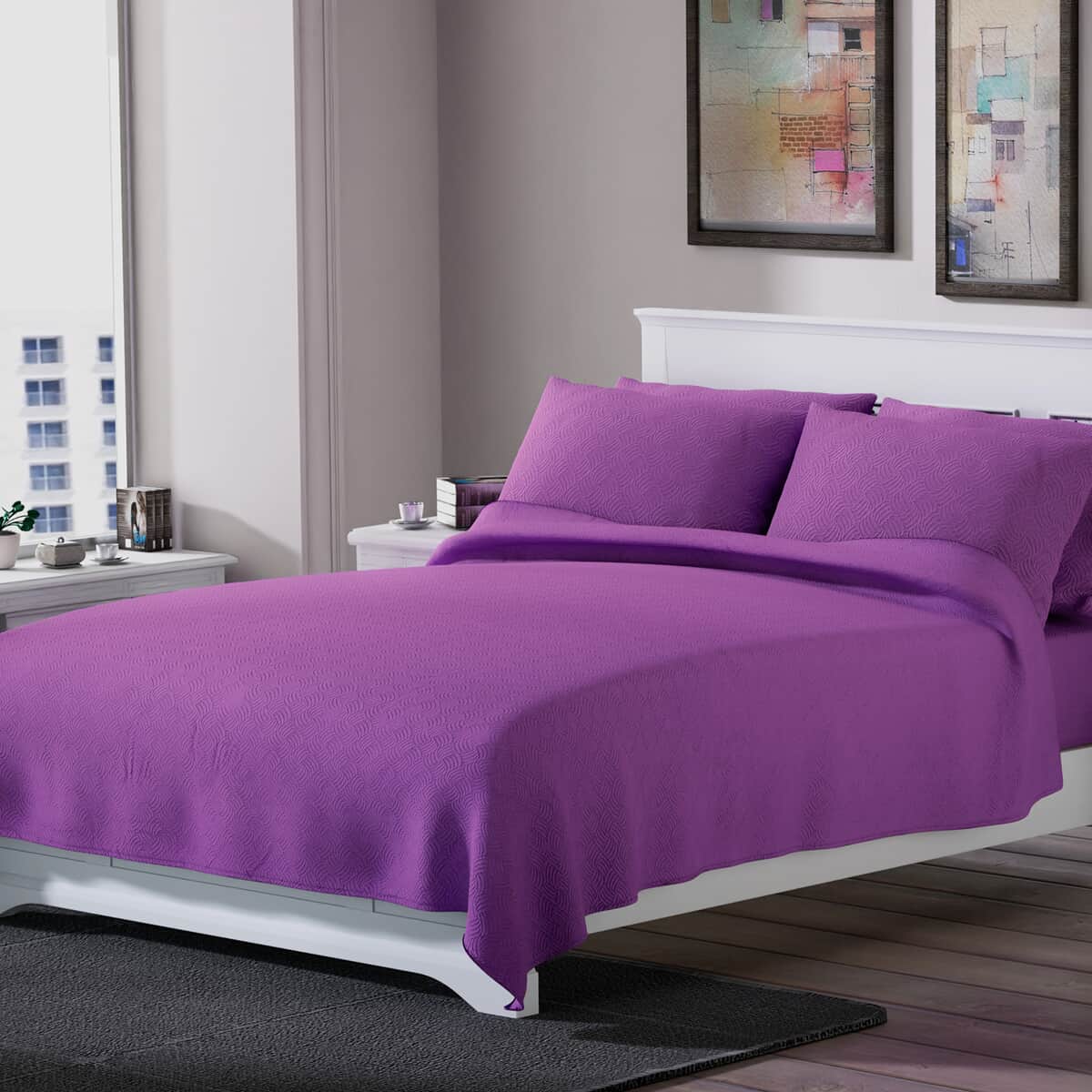 Homesmart Purple Solid Embossed 6 pcs Microfiber Sheet Set - King, Bed Sheets, Fitted Sheet, Bed Sheet Set, Microfiber Sheets image number 0