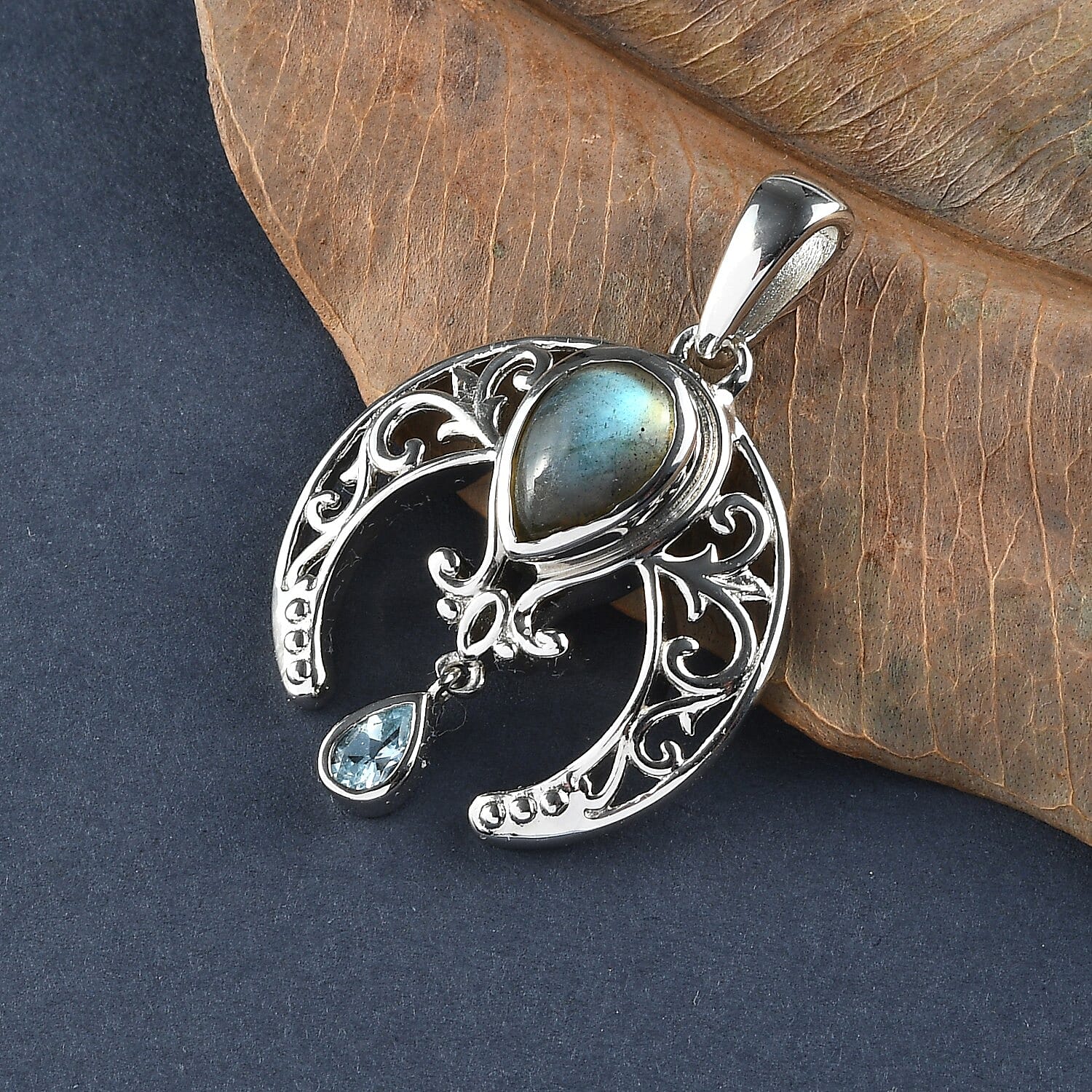 Malagasy Labradorite and Sky Blue Topaz Fancy Pendant in Platinum Over Copper 2.50 ctw